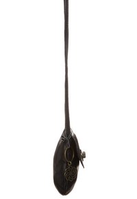 Black leather pouch bag with a slim strap, featuring a floral metal accent and a simple button closure. Smooth texture, compact shape.