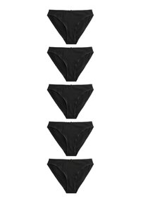 Pięć par czarnych damskich majtek wykonanych z miękkiego materiału. Model charakteryzuje się średnim stanem, gładkimi krawędziami i minimalistycznymi detalami.