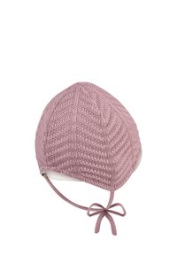 Knitted cap in light pink with a textured herringbone pattern. Features a rounded top and ties for secure fastening under the chin.