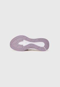 Shoe sole with a textured pattern, featuring a purple hue and a white midsole. The design includes grooves for traction and stability.