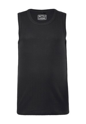 Canotta nera a coste senza maniche con scollo rotondo e etichetta con il logo STH UGE all'interno del colletto.