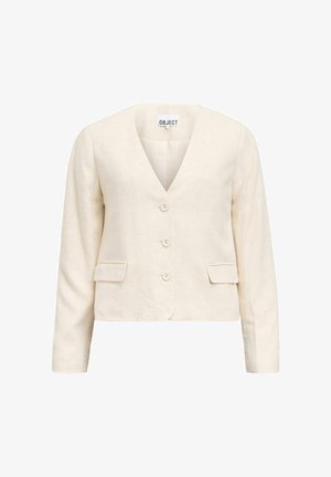 Blazer pour femmes de couleur crème avec col en V, trois boutons à l'avant, manches longues et deux poches à rabat à la taille.