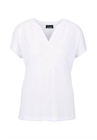 Witte katoenen T-shirt met een V-hals, korte mouwen en een ontspannen pasvorm. Gladde textuur zonder patronen of versieringen.