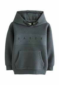 Felpa grigia con una texture a trapunta. Presenta una grande tasca frontale, cappuccio con cordino e una stampa orizzontale del logo 'BAKER'.