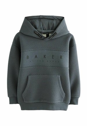 Haut à capuche gris avec un design matelassé et texturé. Comprend une grande poche avant, un capuchon avec cordon de serrage et un imprimé horizontal du logo 'BAKER'.