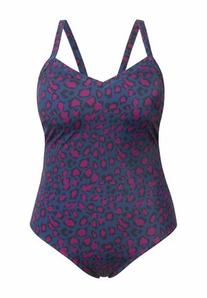 Maillot de bain une pièce avec un imprimé léopard bleu et violet, doté de fines sangles réglables et d'un décolleté en V. Texture du tissu lisse.