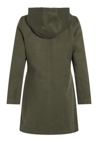 Olivgrön huva pälsjacka med rak skärning, långa ärmar och en mjuk textur. Bakifrån visas minimal detaljering och rena linjer.