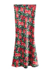 Rochie florală cu fundal negru, cu maci roșii vibranți și frunze verzi. Siluetă conică cu tiv evazat. Material neted.