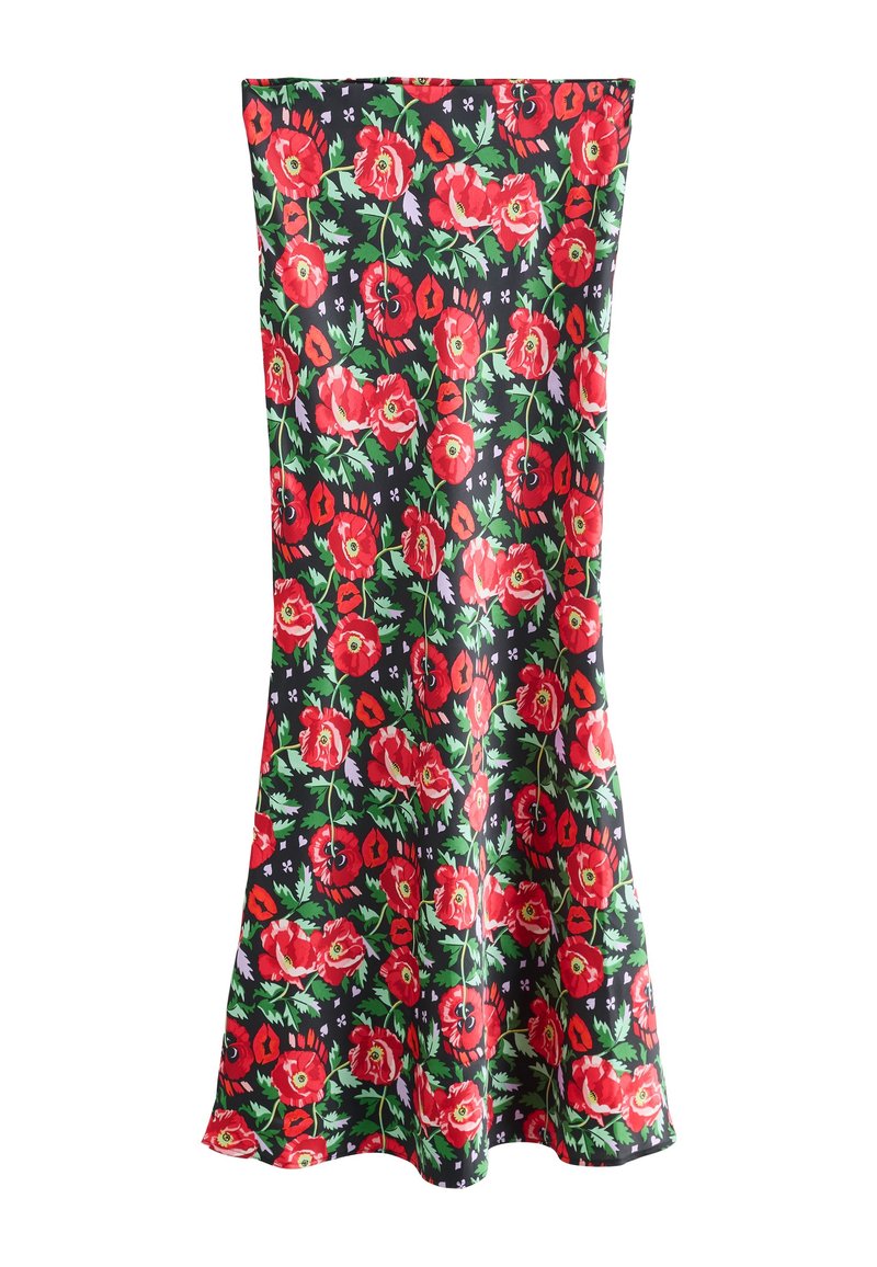 Rochie florală cu fundal negru, cu maci roșii vibranți și frunze verzi. Siluetă conică cu tiv evazat. Material neted.