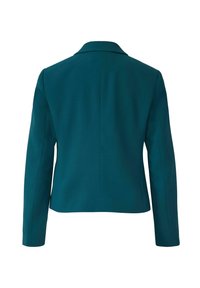 Teal women's blazer with long sleeves, a notched collar, and a straight hem, shown from the back against a white background.