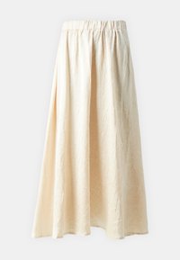 Lys beige maxi skjørt med elastisk midjebånd, med teksturert stoff og en flytende design, glatt finish med naturlig fall.