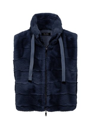 Veste sans manches en fausse fourrure marine avec capuche, dotée d'une fermeture éclair à l'avant, de cordons gris et d'une texture matelassée. Une finition élégante et douce souligne le design.