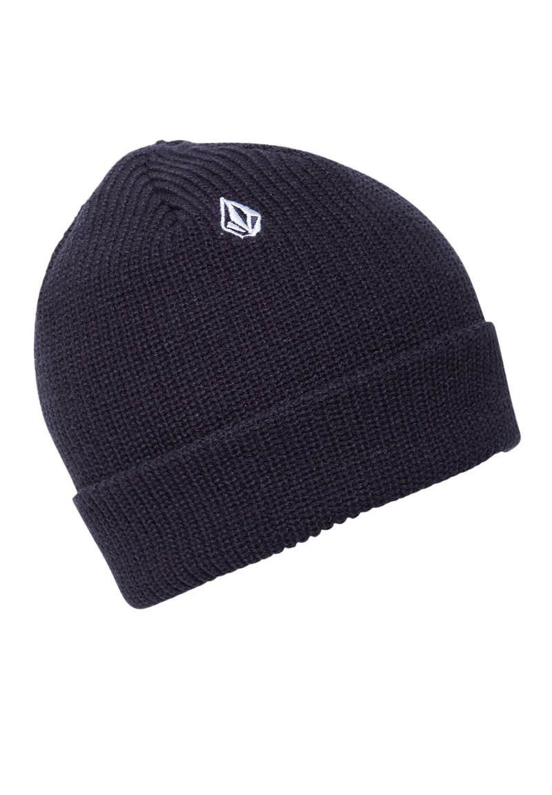 Dark navy blue knit beanie hat with a folded brim and small white embroidered logo near the top.
