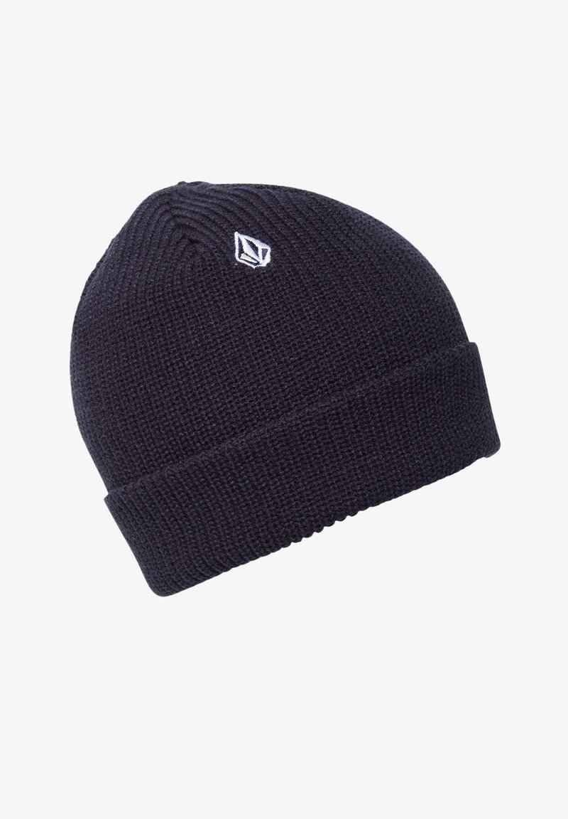 Dark navy blue knit beanie hat with a folded brim and small white embroidered logo near the top.
