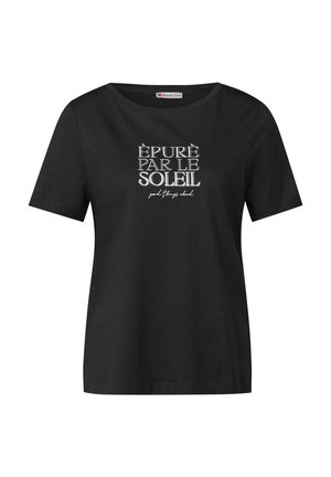 Czarny bawełniany t-shirt z krótkim rękawem i luźnym krojem, z białym napisem: "ÉPURÉ PAR LE SOLEIL" oraz "dobre rzeczy przed nami".