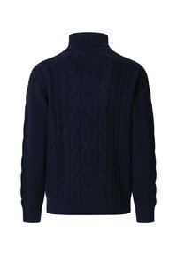 Tmavě modrý svetr s pleteným vzorem, dlouhými rukávy a žebrovaným rolákem, zobrazený zezadu.