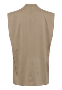 Ärmellose beige Weste mit glatter Textur und minimalistischem Design. Verfügt über einen hohen Kragen und einen taillierten Rücken, ideal zum Überziehen.
