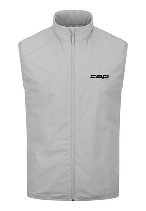 Light gray sleeveless vest, made of smooth fabric, features a high collar and a front zipper. "cep" logo printed in black on the chest.