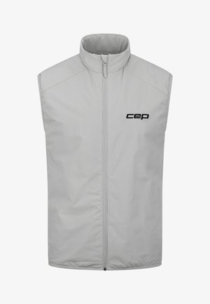 Light gray sleeveless vest, made of smooth fabric, features a high collar and a front zipper. "cep" logo printed in black on the chest.
