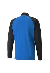 Giacca a maniche lunghe con corpo blu e maniche nere. Presenta un colletto, un design elegante e una trama di tessuto liscia.