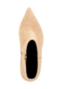 Beige suede ankle boot with a pointed toe, side zipper closure, and a smooth texture. Inside is black with no visible stitching or embellishments.