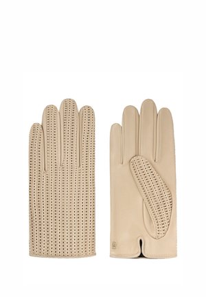 Beige leather gloves with a perforated pattern. Features include a smooth finish, distinct stitching, and a small logo on the wrist area.
