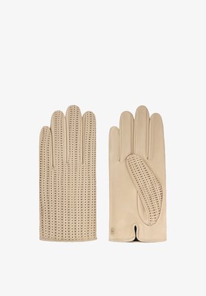 Beige leather gloves with a perforated pattern. Features include a smooth finish, distinct stitching, and a small logo on the wrist area.