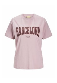 T-shirt in cotone rosa chiaro con scollatura rotonda e maniche corte, caratterizzata da testo in marrone scuro "BARCELONA" sulla parte anteriore.