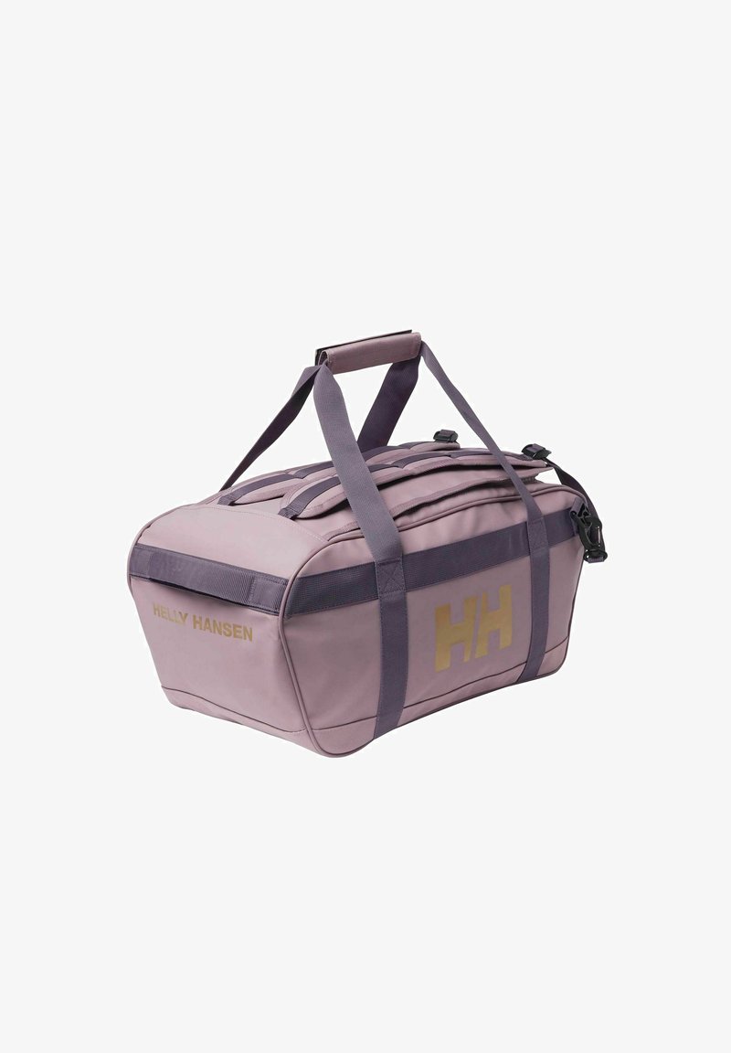 Sac de sport à coque souple en mauve avec le logo doré "HH", bandoulières robustes et fermeture zippée sur le dessus ; présente une forme rectangulaire et un matériau durable.