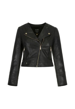 Czarna krótka skórzana kurtka z wyciętym kołnierzem, zamkiem z przodu i bocznymi kieszeniami; posiada złote detale i gładką fakturę.