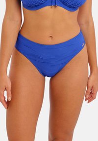 Blue bikini bottom with a textured design, high waist, and side accents. The fabric is smooth and stretchy, ensuring comfort and fit.