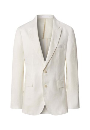 Wit op maat gemaakt colbert met kraag met inkeping, twee knopen, klepzakken aan de voorkant en een borstzakje met bies, afgebeeld op een effen achtergrond.