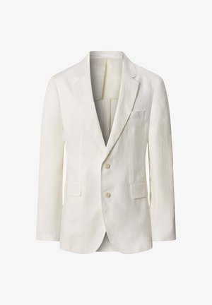 Weißer maßgeschneiderter Blazer mit Reverskragen, zwei Knöpfen, vorderen Pattentaschen und einer Brustpaspeltasche, präsentiert vor einem schlichten Hintergrund.