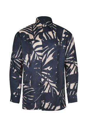 Camicia a maniche lunghe con bottoni, motivo di foglie tropicali nero e beige e colletto appuntito.