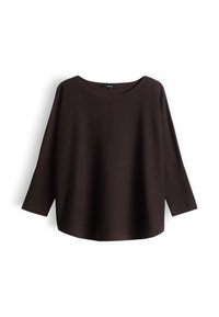 Dunkelbraunes, langärmeliges, locker sitzendes Oberteil mit rundem Ausschnitt, flach auf weißem Hintergrund ausgelegt.