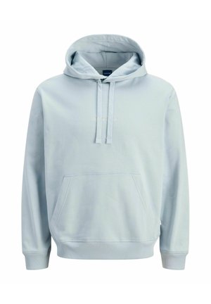 Haut à capuche bleu clair en tissu doux, avec une poche kangourou, un cordon de serrage à la capuche, et des poignets et un ourlet côtelés. Détail de logo brodé simple.