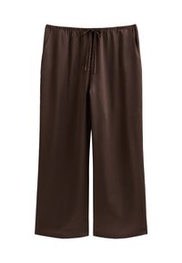 Brown, wide-leg trousers made of smooth fabric with an elastic waistband and drawstring, featuring two side pockets.