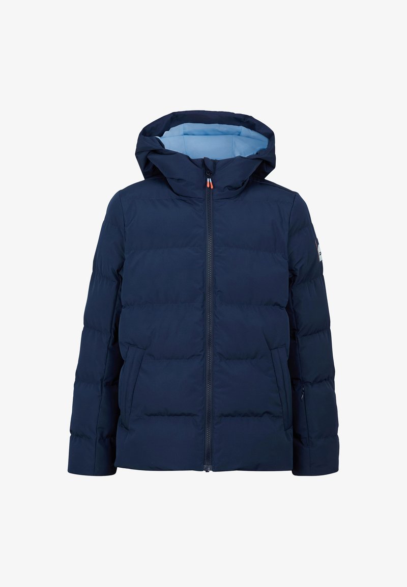 Navy puffer jacket with a detachable hood, full front zipper, two side pockets, and contrasting light blue lining. Textured quilted design.