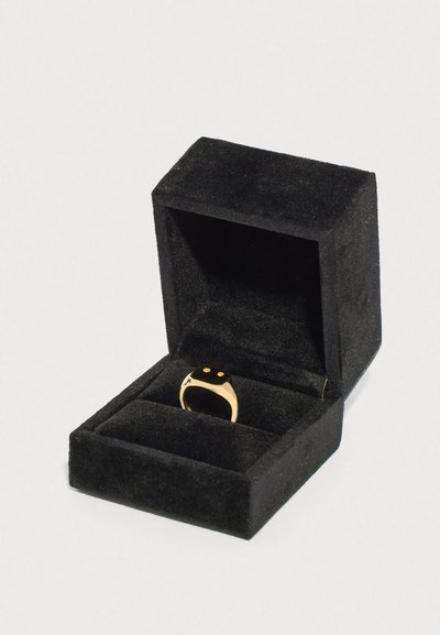 Atidaryta juodo aksomo žiedų dėžutė, kurioje yra auksinis antspaudo žiedas su dviem mažais apvaliais akmenėliais viršuje.