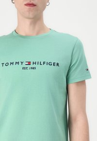 Mint green cotton t-shirt featuring a navy logo "TOMMY HILFIGER EST. 1985" and a small flag accent on the sleeve. Crew neck design.