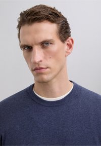 Mand med kort bølget brunt hår og blå øjne iført en marineblå crewneck sweater over en hvid skjorte foran en ensfarvet grå baggrund.