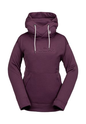 Fioletowa bluza z kapturem z wysokim kołnierzem, białymi sznurkami, przednią kieszenią oraz wytłoczonym napisem "VLCM" na piersi.