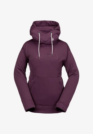 Sweat à capuche violet avec col montant, cordons blancs, poche avant et texte "VLCM" en relief sur la poitrine.