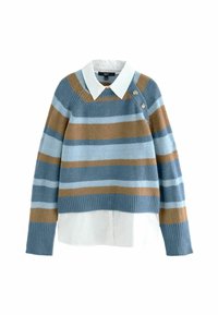 Pull rayé en bleu, marron et bleu clair avec un design court, un ourlet côtelé et un col blanc visible en dessous. Deux boutons sur le côté.