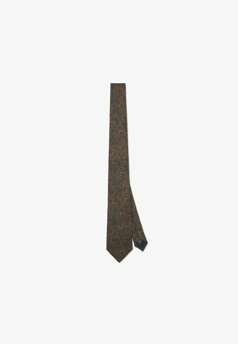 Green tie with a paisley pattern in orange and blue. Made of fabric, it features a pointed end and a small tag on the narrow end.