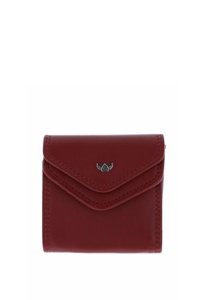 Compact burgundy leather wallet with stitched edges and a small metallic emblem on the front flap, closed by a snap button.