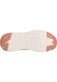 Sportschuhsohle mit einer weißen Gummibasis und einer strukturierten Oberfläche, ergänzt durch einen hellbraunen Akzent im Fersen- und Vorderfußbereich.