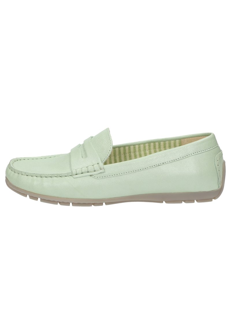 Hellegrüne Leder-Slipper mit gestepptem Detail auf der Oberseite, einer glatten Oberfläche und einer Gummisohle. Das Innere weist ein gestreiftes Muster auf.