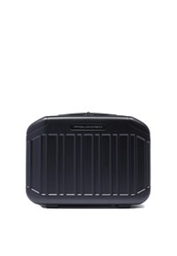 Zwarte harde koffer met verticaal geribd ontwerp. Voorzien van een zilverkleurig merkembleem aan de voorkant en een veilige ritssluiting aan de bovenkant.