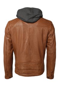Braune Lederjacke mit einer dunkelgrauen Kapuze. Zu den Merkmalen gehören eine taillierte Silhouette, Schulternähte und dekorative Stickerei am Saum.